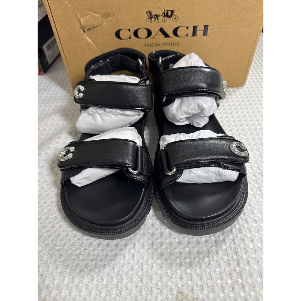 Coach Sandals Women 7 Brynn PVE C Sandal Black Leather Crystal CEF32 NIB
